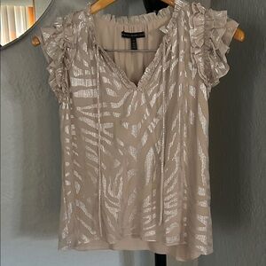 White House Black Market Metallic Print Ruffle Sleeve V-Neck Top - Beige/Silver